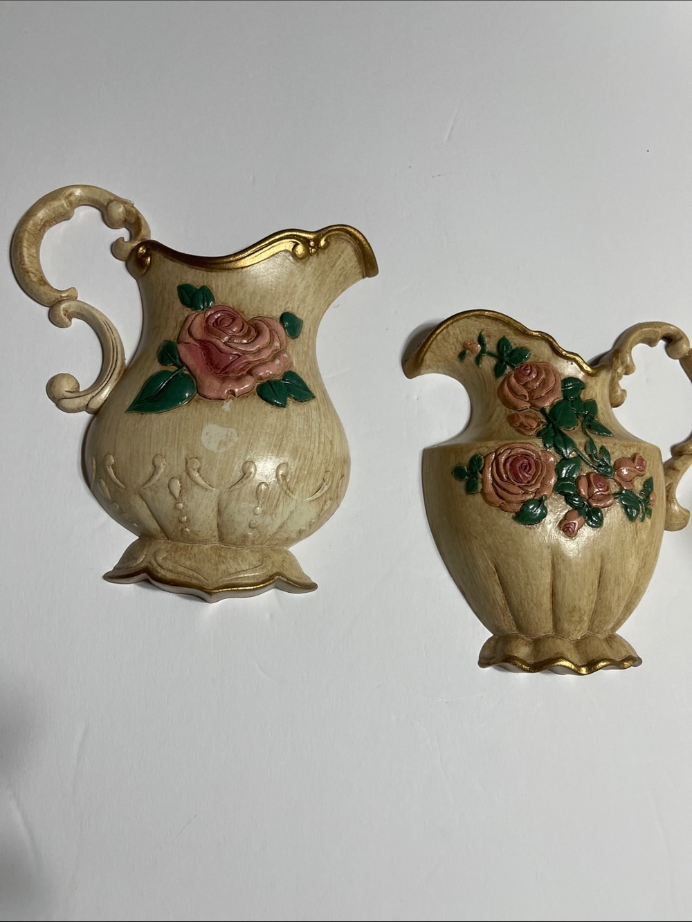 2 Vintage Homco Victorian Country Farmhouse Rose Floral Pitcher Wall Plaques